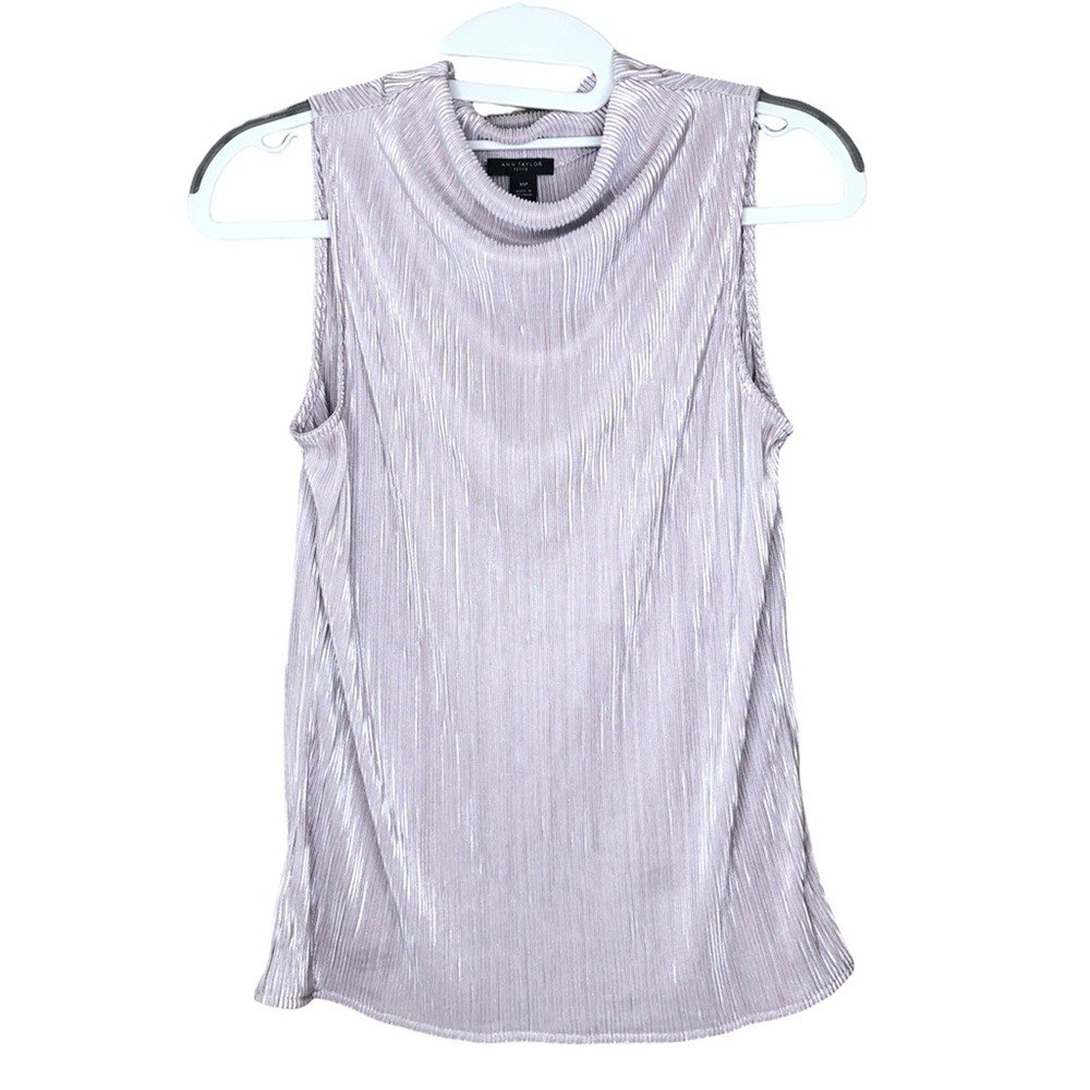 Ann Taylor Petite Silver Lilac Metallic Pleated Cowl Neck Sleeveless Blouse XSP